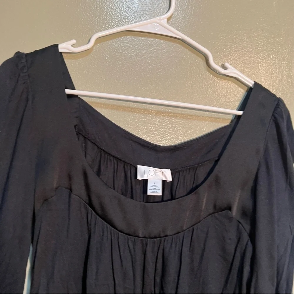 Loft Women's Size Small Square Neck Blouse Puff Sleeve Black Satin Trim Modal
